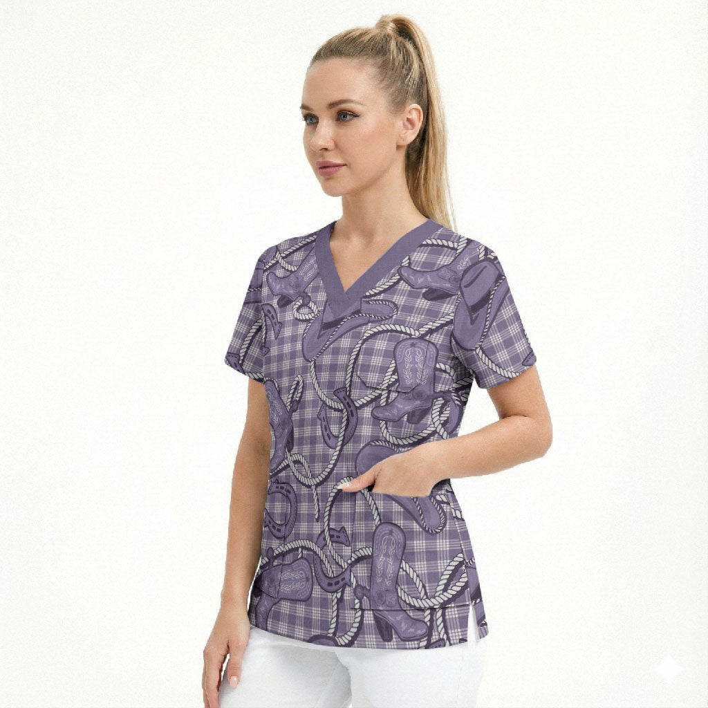 Purple Hawaii Palaka Cowboy Scrub Top Hawaiian Paniolo Festival Spirit