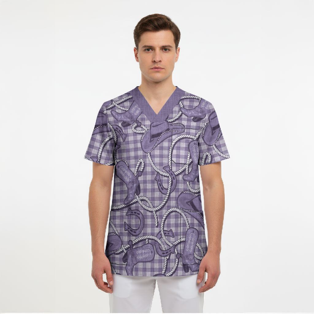 Purple Hawaii Palaka Cowboy Scrub Top Hawaiian Paniolo Festival Spirit