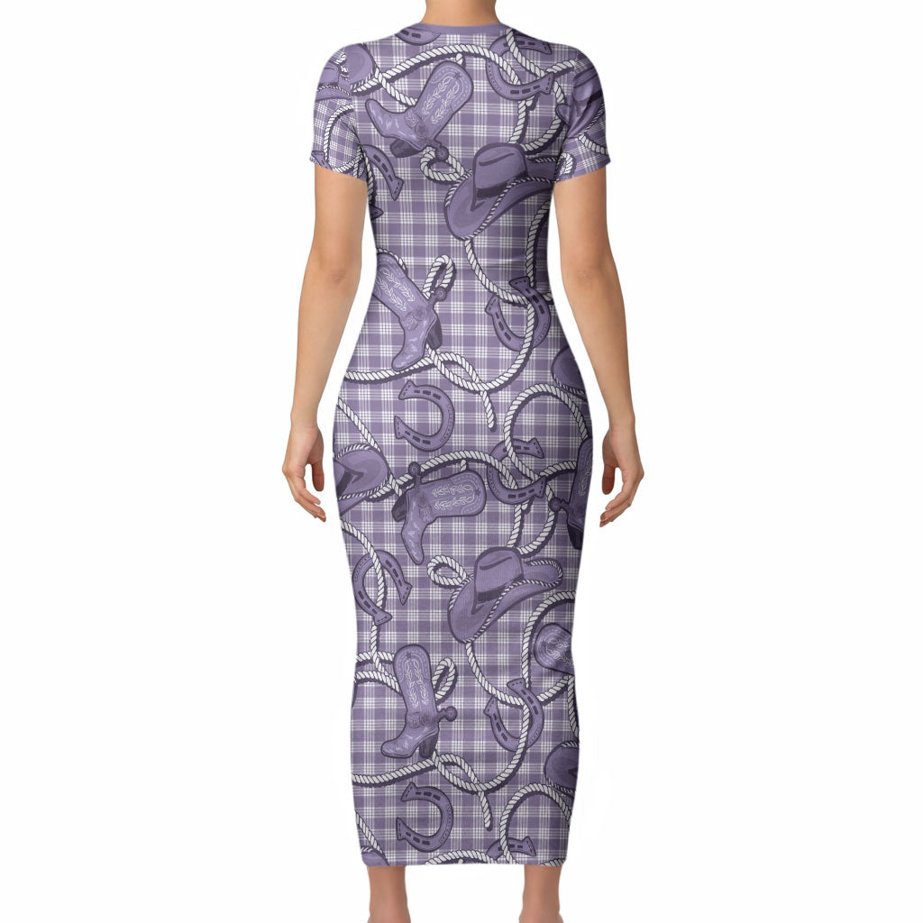 Purple Hawaii Palaka Cowboy Short Sleeve Bodycon Dress Hawaiian Paniolo Festival Spirit