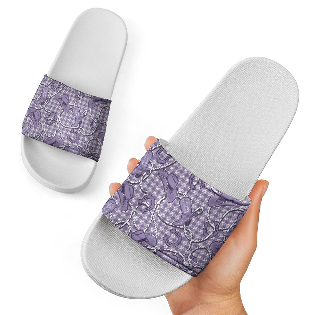 Purple Hawaii Palaka Cowboy Slide Sandals Hawaiian Paniolo Festival Spirit