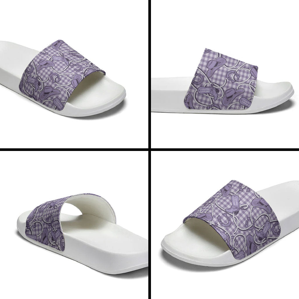 Purple Hawaii Palaka Cowboy Slide Sandals Hawaiian Paniolo Festival Spirit