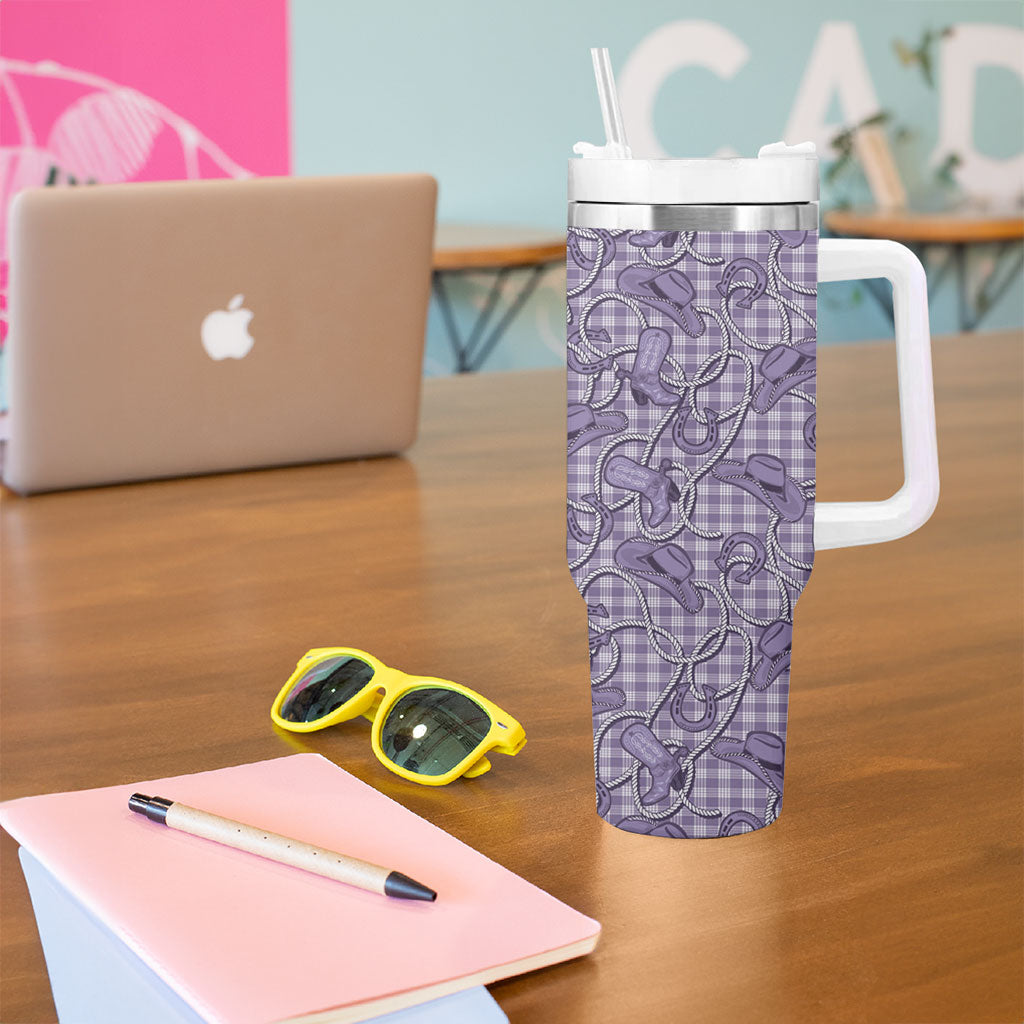 Purple Hawaii Palaka Cowboy Tumbler With Handle Hawaiian Paniolo Festival Spirit