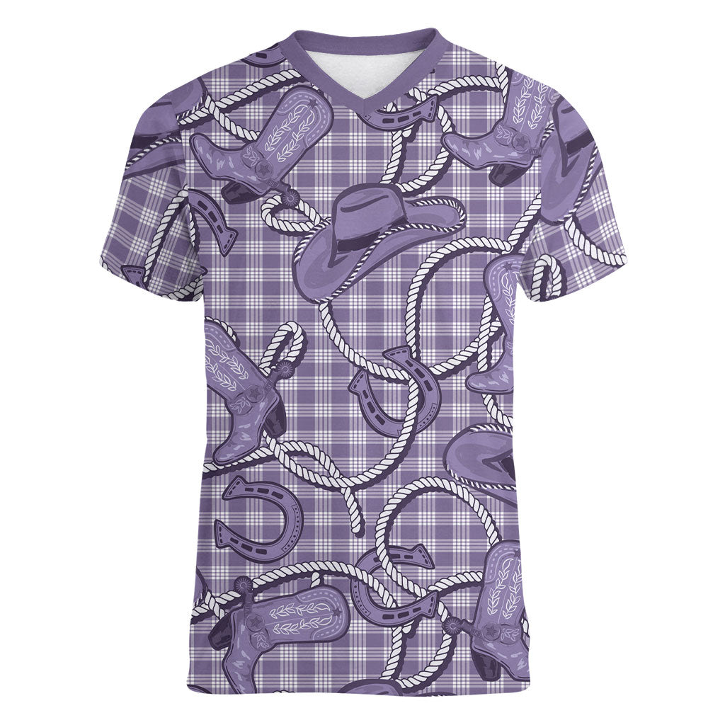 Purple Hawaii Palaka Cowboy Women V-Neck T-Shirt Hawaiian Paniolo Festival Spirit LT19 Female Purple - Polynesian Pride