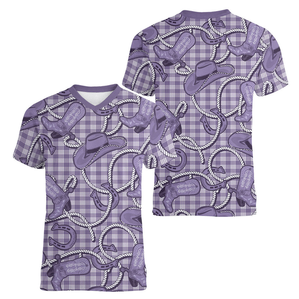 Purple Hawaii Palaka Cowboy Women V-Neck T-Shirt Hawaiian Paniolo Festival Spirit