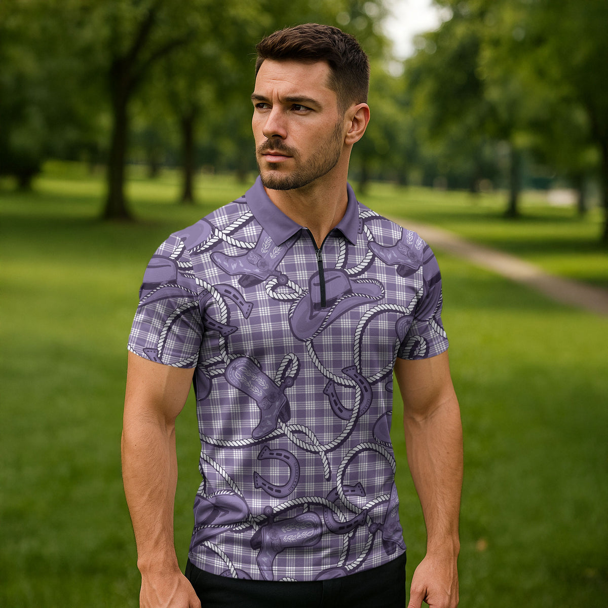 Purple Hawaii Palaka Cowboy Zipper Polo Shirt Hawaiian Paniolo Festival Spirit