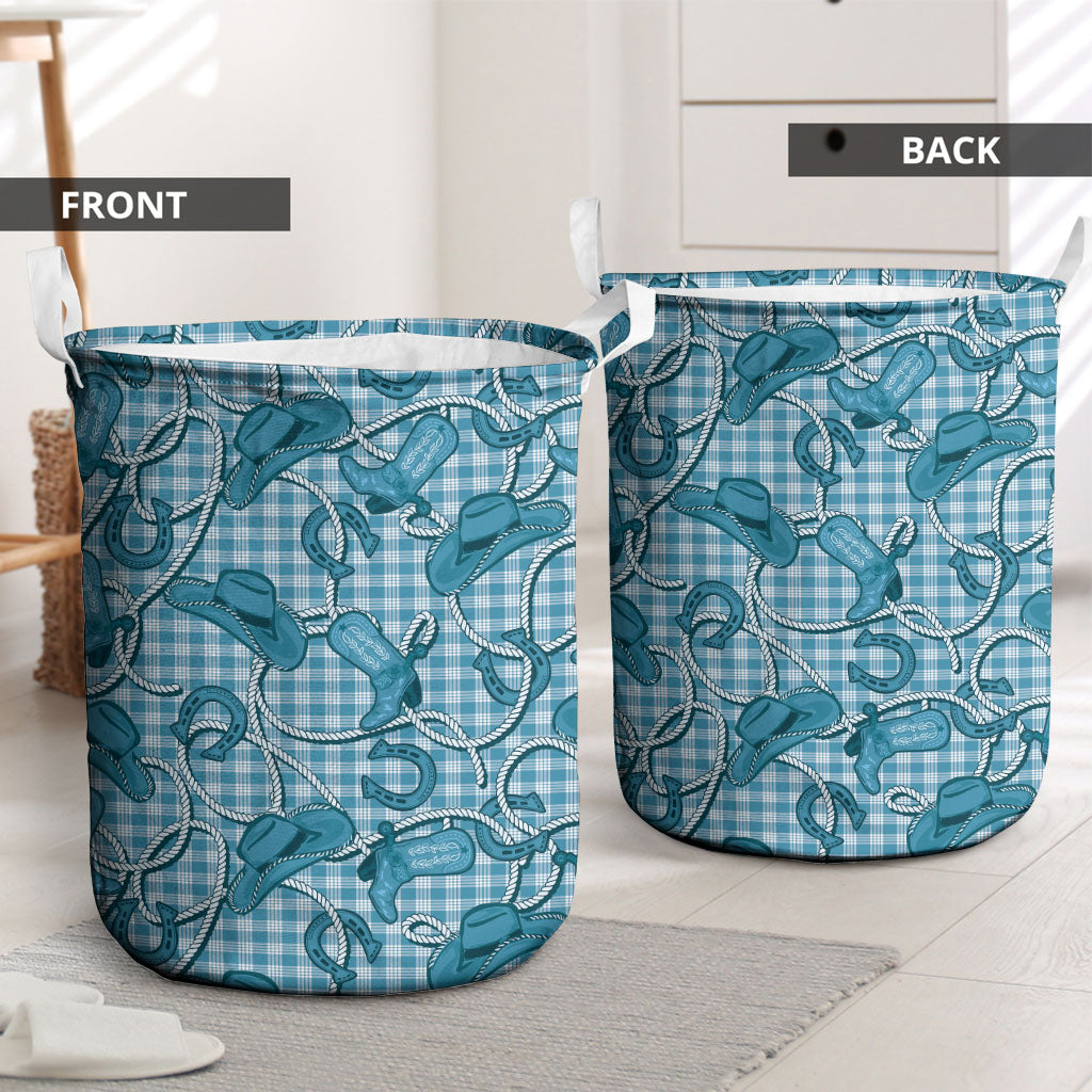 Blue Hawaii Palaka Cowboy Laundry Basket Hawaiian Paniolo Festival Spirit