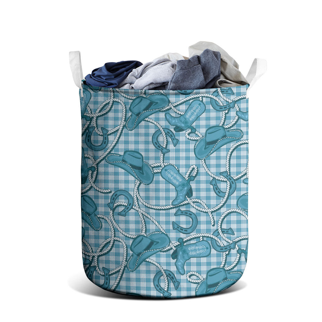 Blue Hawaii Palaka Cowboy Laundry Basket Hawaiian Paniolo Festival Spirit