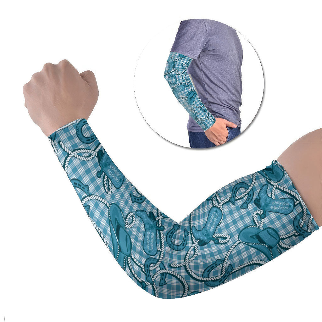 Blue Hawaii Palaka Cowboy Arm Sleeves Hawaiian Paniolo Festival Spirit