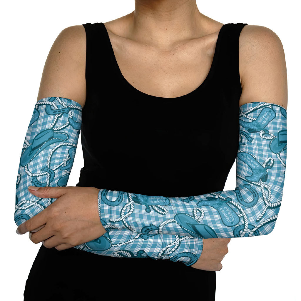 Blue Hawaii Palaka Cowboy Arm Sleeves Hawaiian Paniolo Festival Spirit