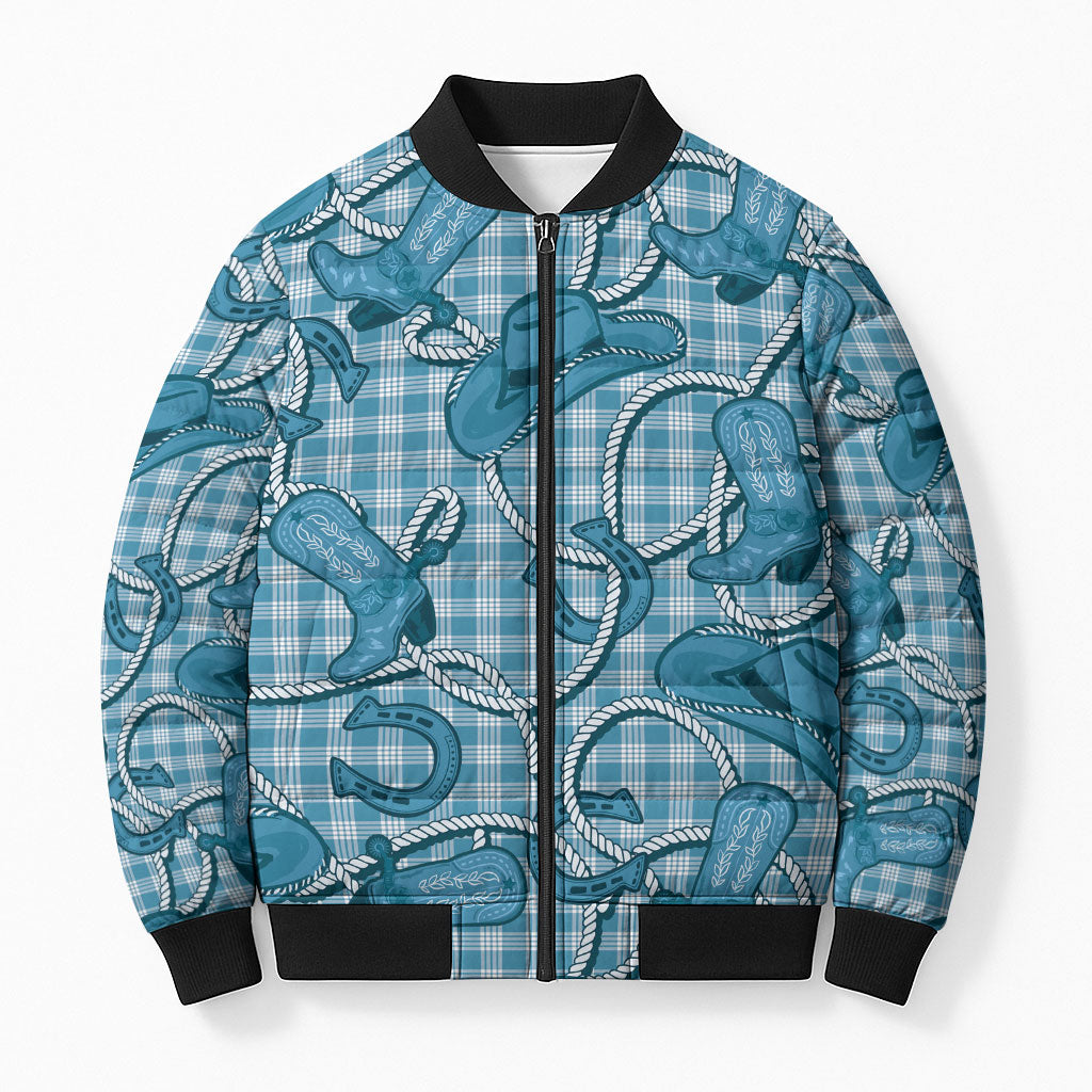 Blue Hawaii Palaka Cowboy Bomber Puffer Jacket Hawaiian Paniolo Festival Spirit