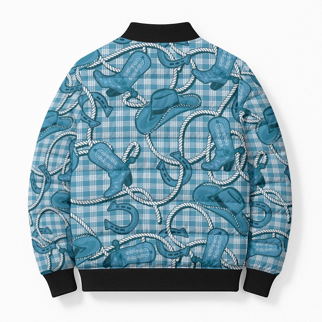 Blue Hawaii Palaka Cowboy Bomber Puffer Jacket Hawaiian Paniolo Festival Spirit