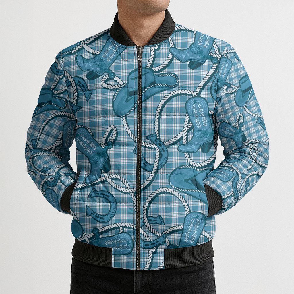 Blue Hawaii Palaka Cowboy Bomber Puffer Jacket Hawaiian Paniolo Festival Spirit