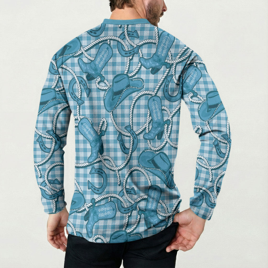 Blue Hawaii Palaka Cowboy Button Sweatshirt Hawaiian Paniolo Festival Spirit