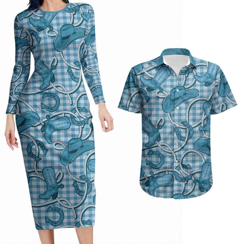 Blue Hawaii Palaka Cowboy Couples Matching Long Sleeve Bodycon Dress and Hawaiian Shirt Hawaiian Paniolo Festival Spirit LT19 Blue - Polynesian Pride