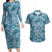 Blue Hawaii Palaka Cowboy Couples Matching Long Sleeve Bodycon Dress and Hawaiian Shirt Hawaiian Paniolo Festival Spirit