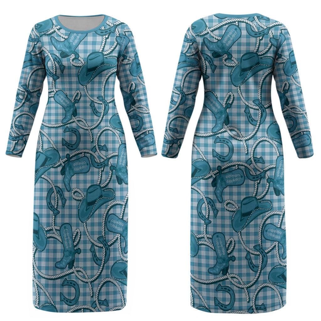 Blue Hawaii Palaka Cowboy Couples Matching Long Sleeve Bodycon Dress and Hawaiian Shirt Hawaiian Paniolo Festival Spirit