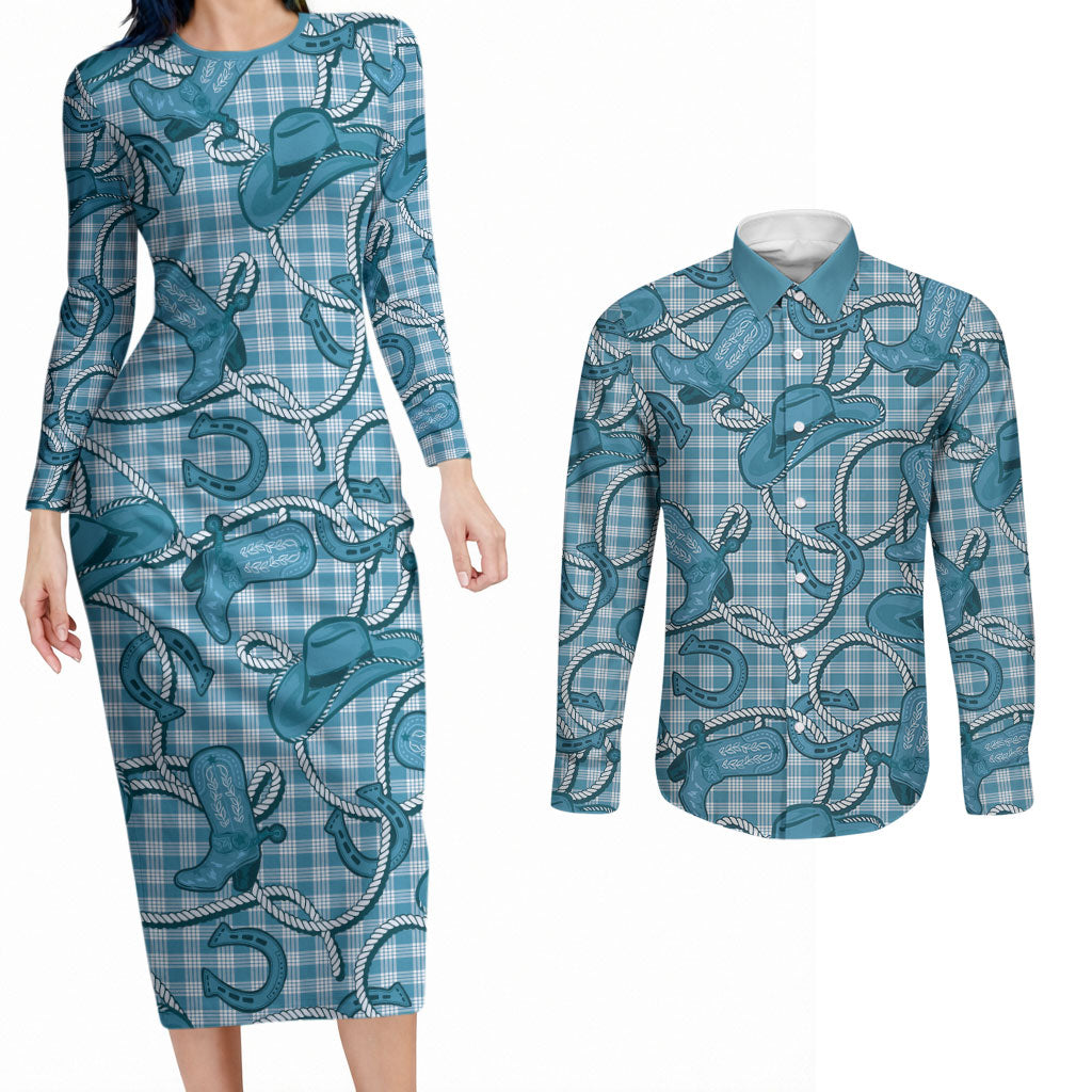 Blue Hawaii Palaka Cowboy Couples Matching Long Sleeve Bodycon Dress and Long Sleeve Button Shirt Hawaiian Paniolo Festival Spirit LT19 Blue - Polynesian Pride