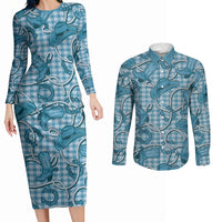 Blue Hawaii Palaka Cowboy Couples Matching Long Sleeve Bodycon Dress and Long Sleeve Button Shirt Hawaiian Paniolo Festival Spirit