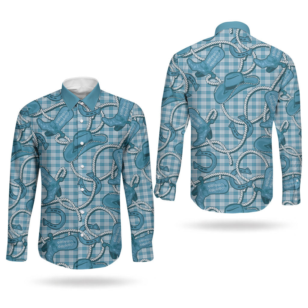 Blue Hawaii Palaka Cowboy Couples Matching Long Sleeve Bodycon Dress and Long Sleeve Button Shirt Hawaiian Paniolo Festival Spirit