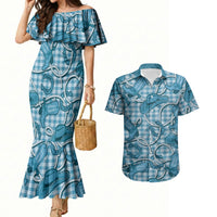 Blue Hawaii Palaka Cowboy Couples Matching Mermaid Dress and Hawaiian Shirt Hawaiian Paniolo Festival Spirit