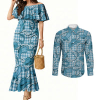 Blue Hawaii Palaka Cowboy Couples Matching Mermaid Dress and Long Sleeve Button Shirt Hawaiian Paniolo Festival Spirit