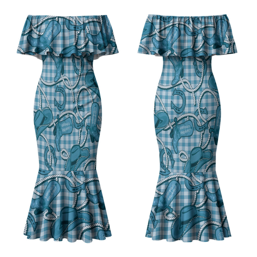 Blue Hawaii Palaka Cowboy Couples Matching Mermaid Dress and Long Sleeve Button Shirt Hawaiian Paniolo Festival Spirit
