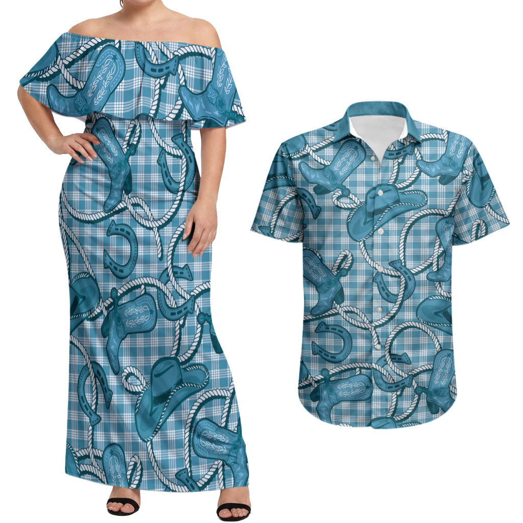 Blue Hawaii Palaka Cowboy Couples Matching Off Shoulder Maxi Dress and Hawaiian Shirt Hawaiian Paniolo Festival Spirit