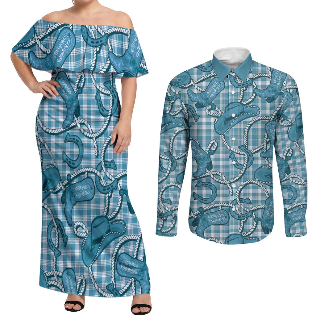 Blue Hawaii Palaka Cowboy Couples Matching Off Shoulder Maxi Dress and Long Sleeve Button Shirt Hawaiian Paniolo Festival Spirit