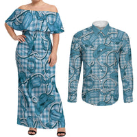 Blue Hawaii Palaka Cowboy Couples Matching Off Shoulder Maxi Dress and Long Sleeve Button Shirt Hawaiian Paniolo Festival Spirit