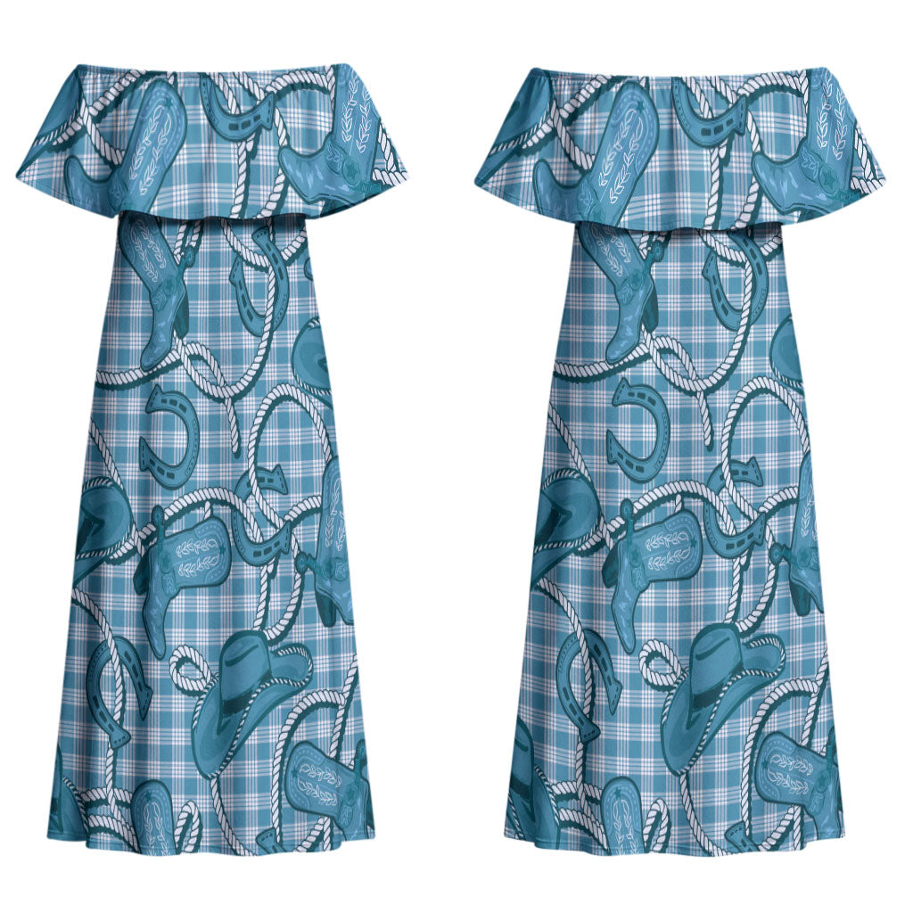 Blue Hawaii Palaka Cowboy Couples Matching Off Shoulder Maxi Dress and Long Sleeve Button Shirt Hawaiian Paniolo Festival Spirit