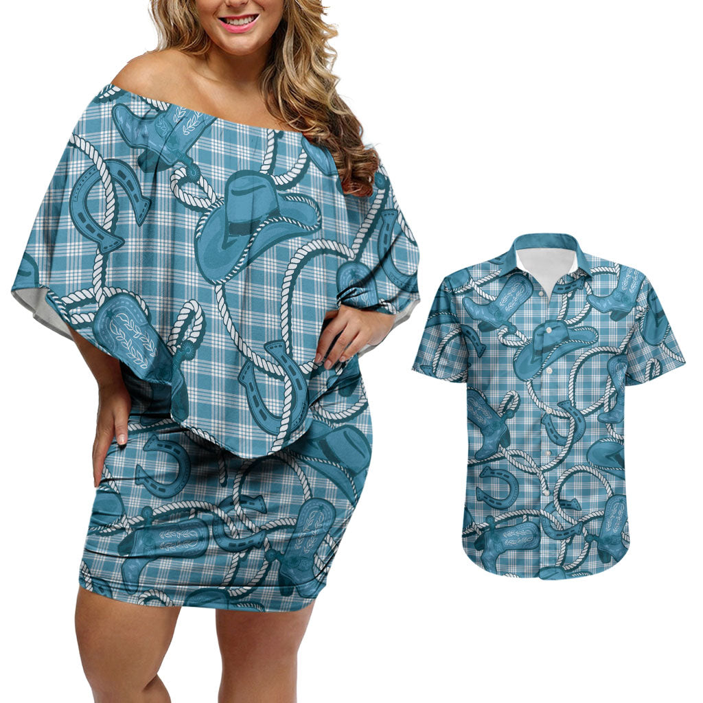 Blue Hawaii Palaka Cowboy Couples Matching Off Shoulder Short Dress and Hawaiian Shirt Hawaiian Paniolo Festival Spirit