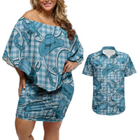 Blue Hawaii Palaka Cowboy Couples Matching Off Shoulder Short Dress and Hawaiian Shirt Hawaiian Paniolo Festival Spirit