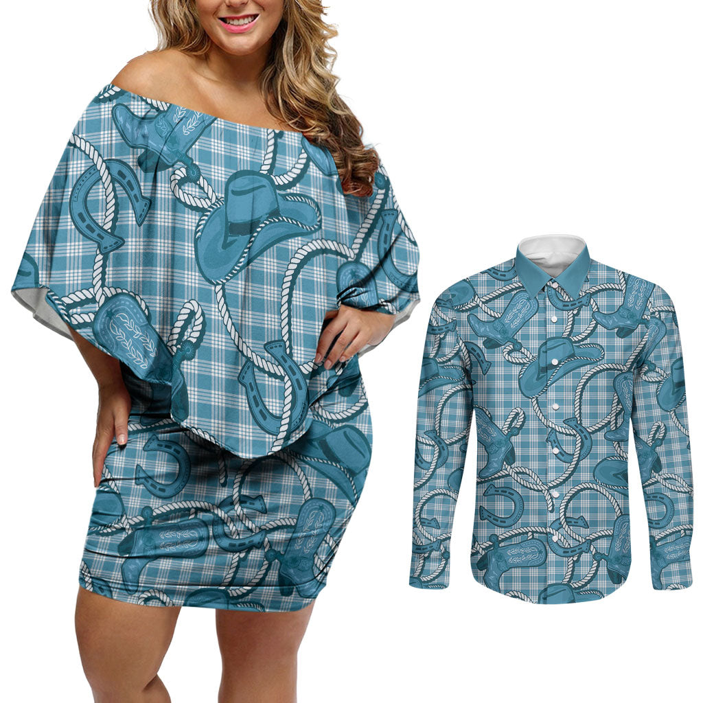Blue Hawaii Palaka Cowboy Couples Matching Off Shoulder Short Dress and Long Sleeve Button Shirt Hawaiian Paniolo Festival Spirit LT19 Blue - Polynesian Pride