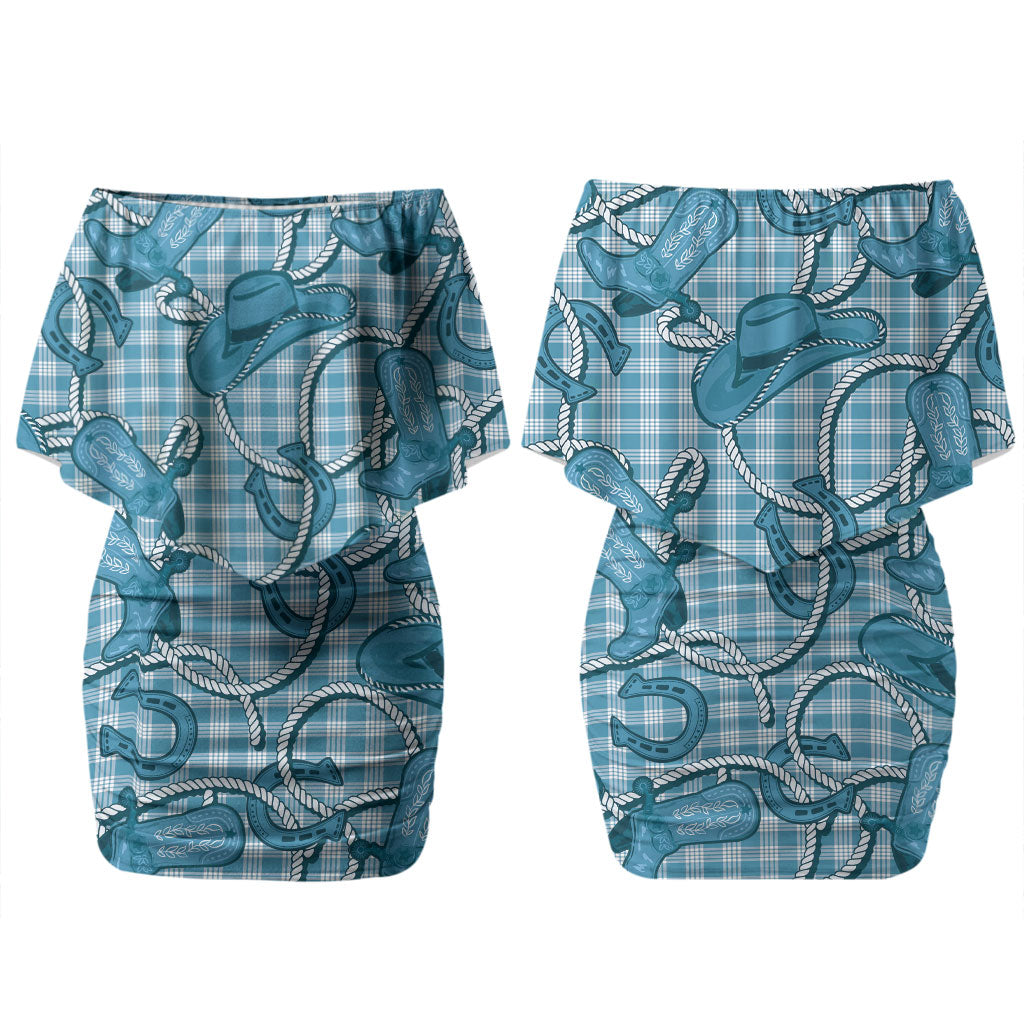 Blue Hawaii Palaka Cowboy Couples Matching Off Shoulder Short Dress and Long Sleeve Button Shirt Hawaiian Paniolo Festival Spirit