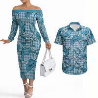 Blue Hawaii Palaka Cowboy Couples Matching Off The Shoulder Long Sleeve Dress and Hawaiian Shirt Hawaiian Paniolo Festival Spirit