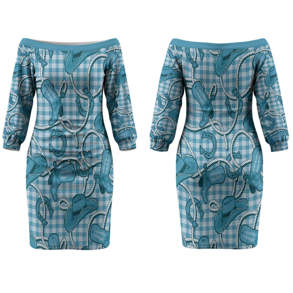 Blue Hawaii Palaka Cowboy Couples Matching Off The Shoulder Long Sleeve Dress and Long Sleeve Button Shirt Hawaiian Paniolo Festival Spirit