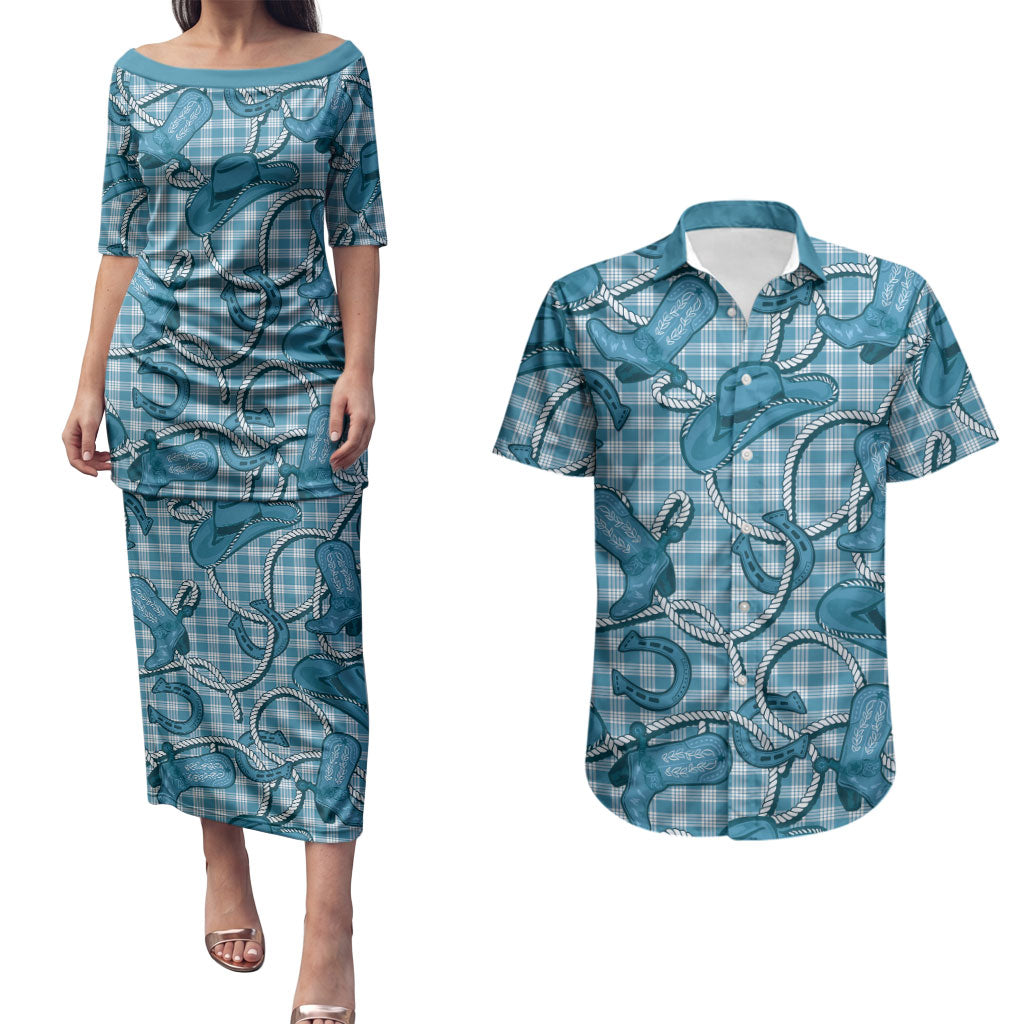 Blue Hawaii Palaka Cowboy Couples Matching Puletasi and Hawaiian Shirt Hawaiian Paniolo Festival Spirit