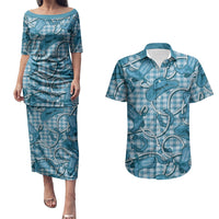 Blue Hawaii Palaka Cowboy Couples Matching Puletasi and Hawaiian Shirt Hawaiian Paniolo Festival Spirit