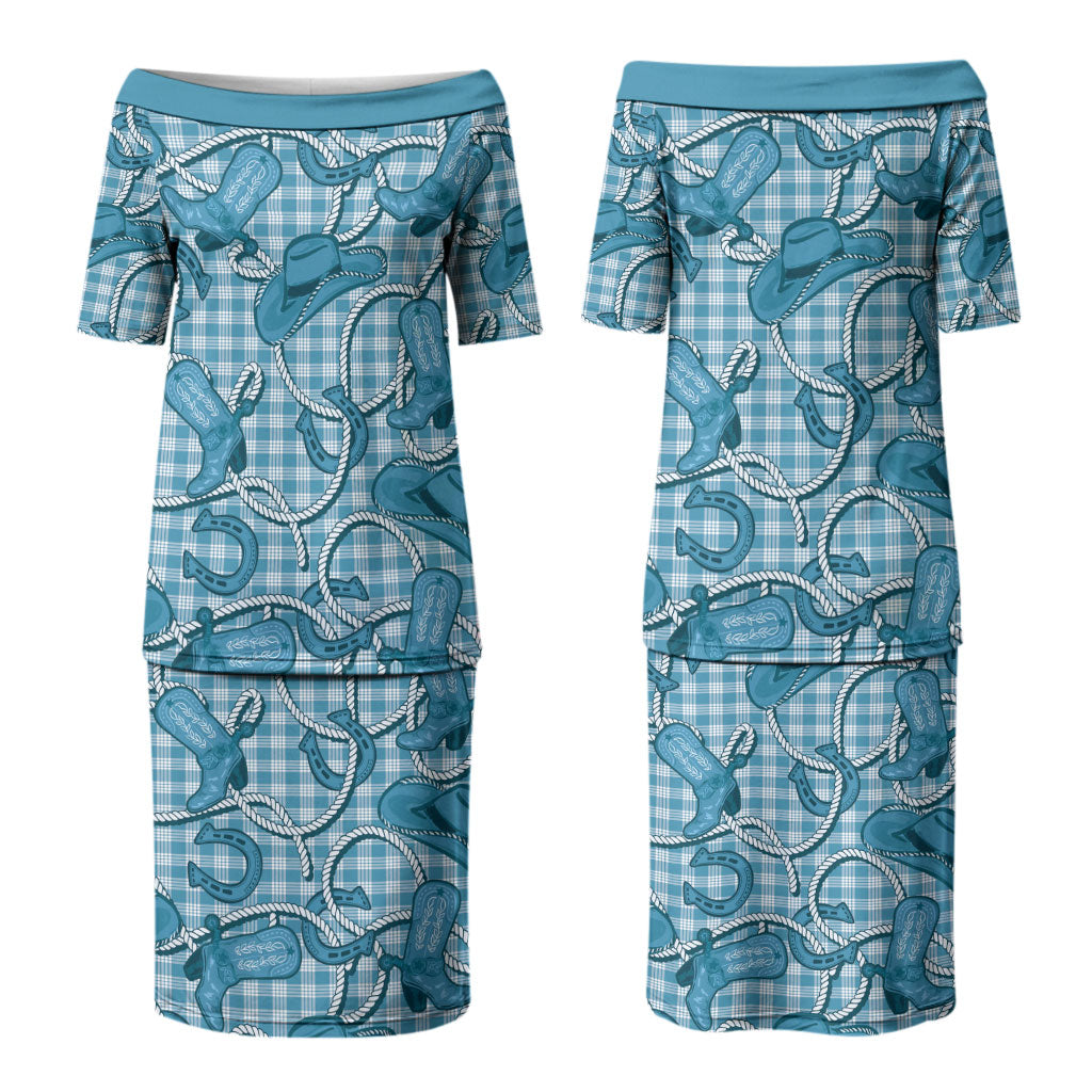 Blue Hawaii Palaka Cowboy Couples Matching Puletasi and Hawaiian Shirt Hawaiian Paniolo Festival Spirit