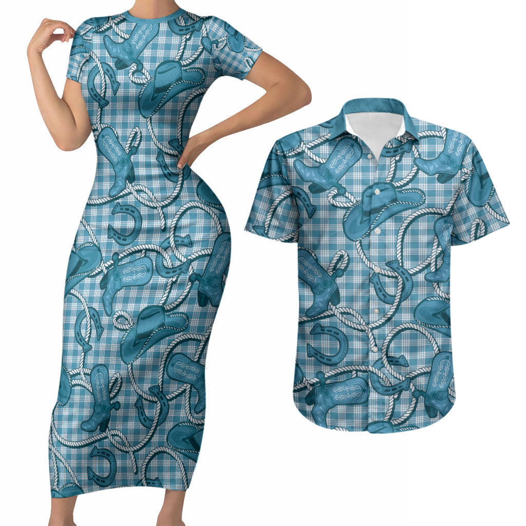 Blue Hawaii Palaka Cowboy Couples Matching Short Sleeve Bodycon Dress and Hawaiian Shirt Hawaiian Paniolo Festival Spirit