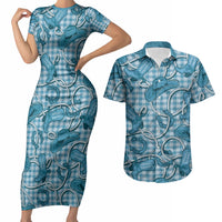 Blue Hawaii Palaka Cowboy Couples Matching Short Sleeve Bodycon Dress and Hawaiian Shirt Hawaiian Paniolo Festival Spirit
