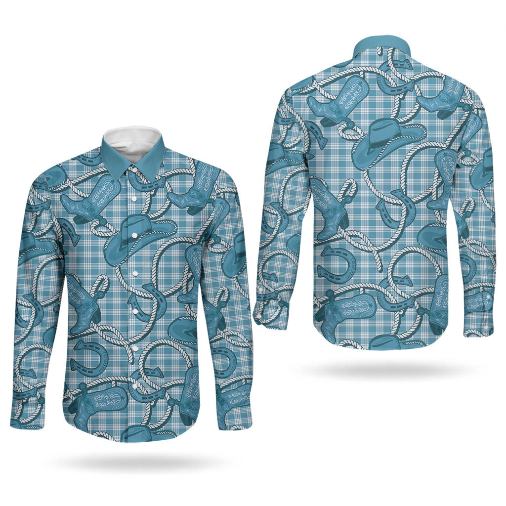 Blue Hawaii Palaka Cowboy Couples Matching Short Sleeve Bodycon Dress and Long Sleeve Button Shirt Hawaiian Paniolo Festival Spirit