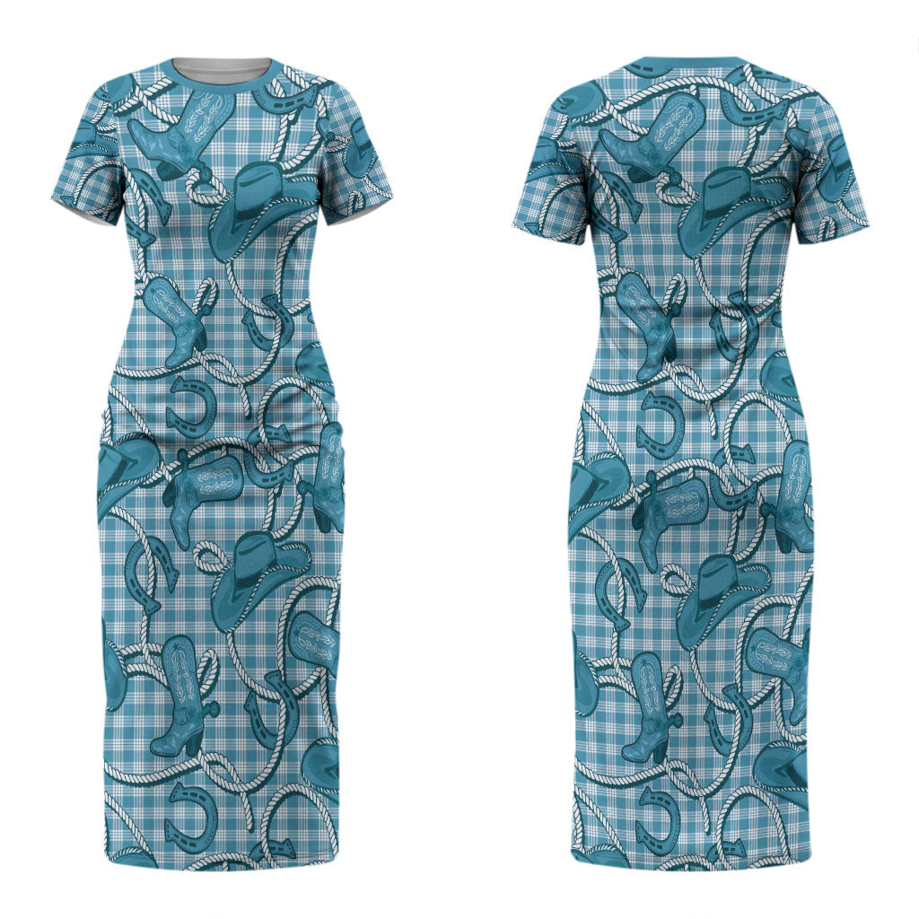 Blue Hawaii Palaka Cowboy Couples Matching Short Sleeve Bodycon Dress and Long Sleeve Button Shirt Hawaiian Paniolo Festival Spirit