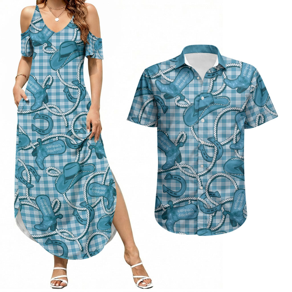 Blue Hawaii Palaka Cowboy Couples Matching Summer Maxi Dress and Hawaiian Shirt Hawaiian Paniolo Festival Spirit