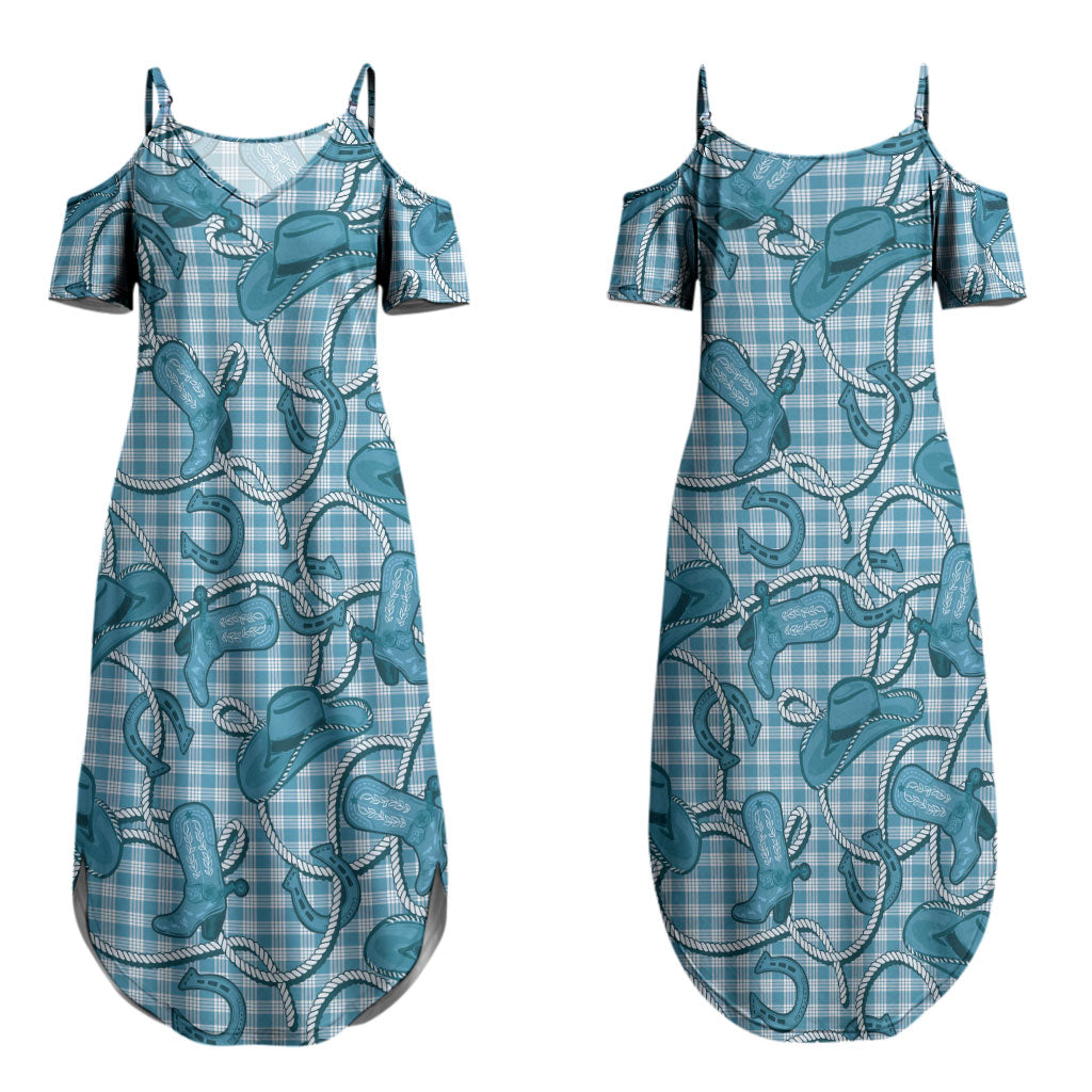 Blue Hawaii Palaka Cowboy Couples Matching Summer Maxi Dress and Long Sleeve Button Shirt Hawaiian Paniolo Festival Spirit