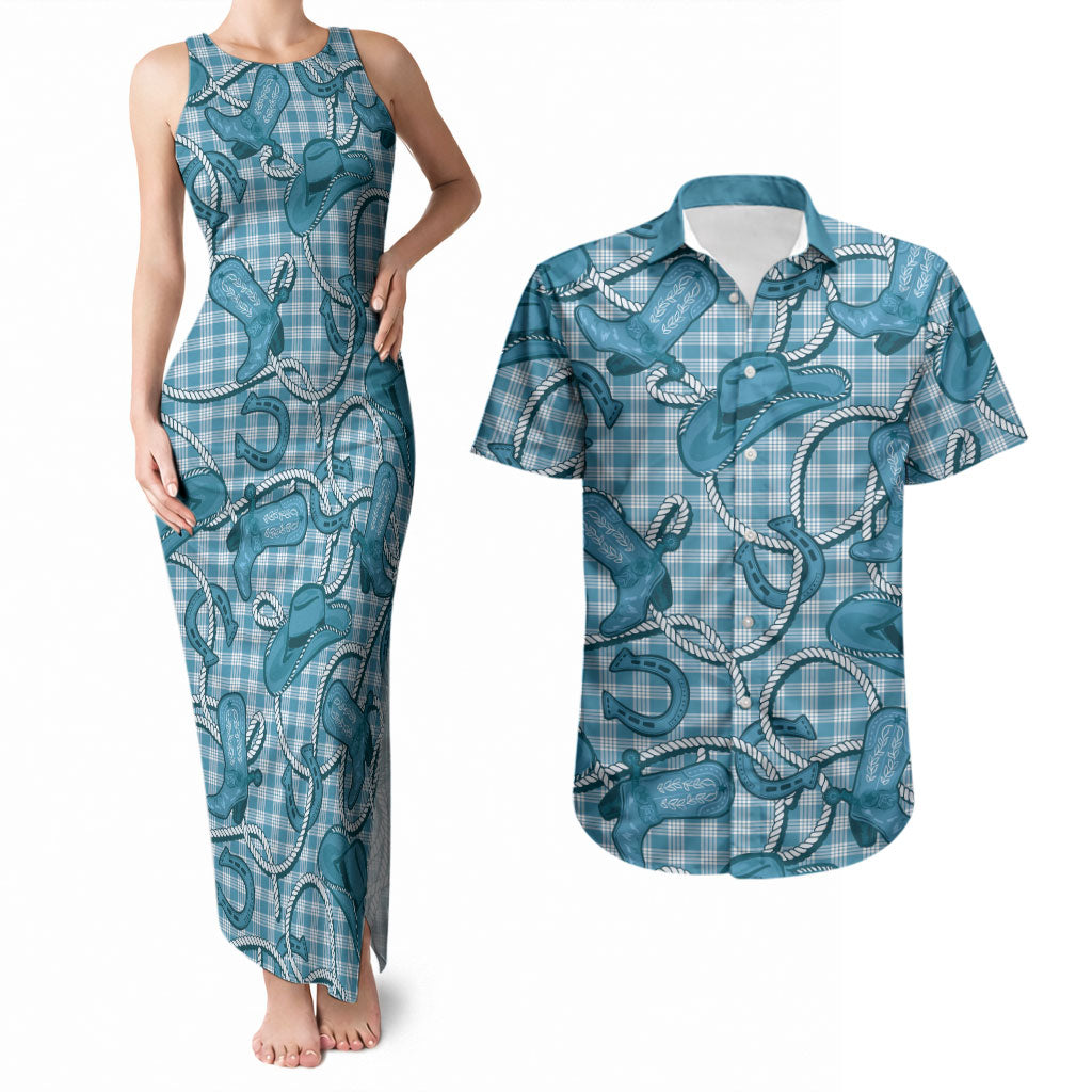 Blue Hawaii Palaka Cowboy Couples Matching Tank Maxi Dress and Hawaiian Shirt Hawaiian Paniolo Festival Spirit