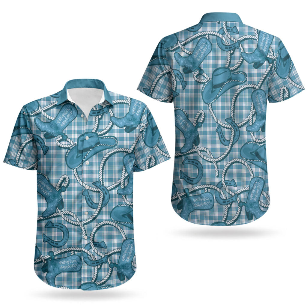 Blue Hawaii Palaka Cowboy Couples Matching Tank Maxi Dress and Hawaiian Shirt Hawaiian Paniolo Festival Spirit