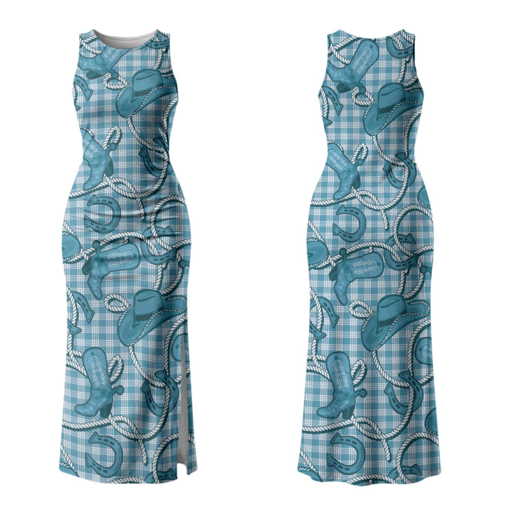 Blue Hawaii Palaka Cowboy Couples Matching Tank Maxi Dress and Hawaiian Shirt Hawaiian Paniolo Festival Spirit