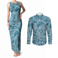 Blue Hawaii Palaka Cowboy Couples Matching Tank Maxi Dress and Long Sleeve Button Shirt Hawaiian Paniolo Festival Spirit