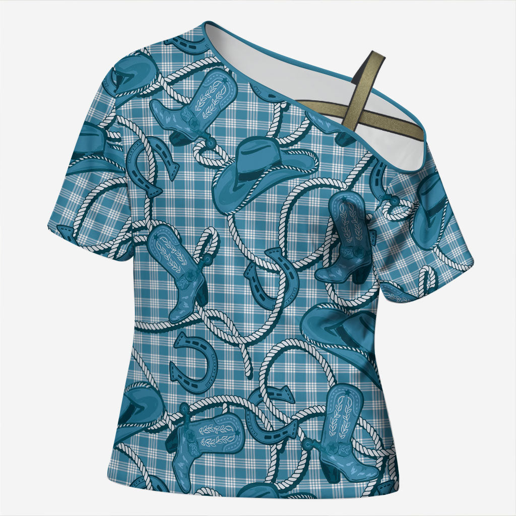 Blue Hawaii Palaka Cowboy Cross Shoulder Shirt Hawaiian Paniolo Festival Spirit LT19 Female Blue - Polynesian Pride